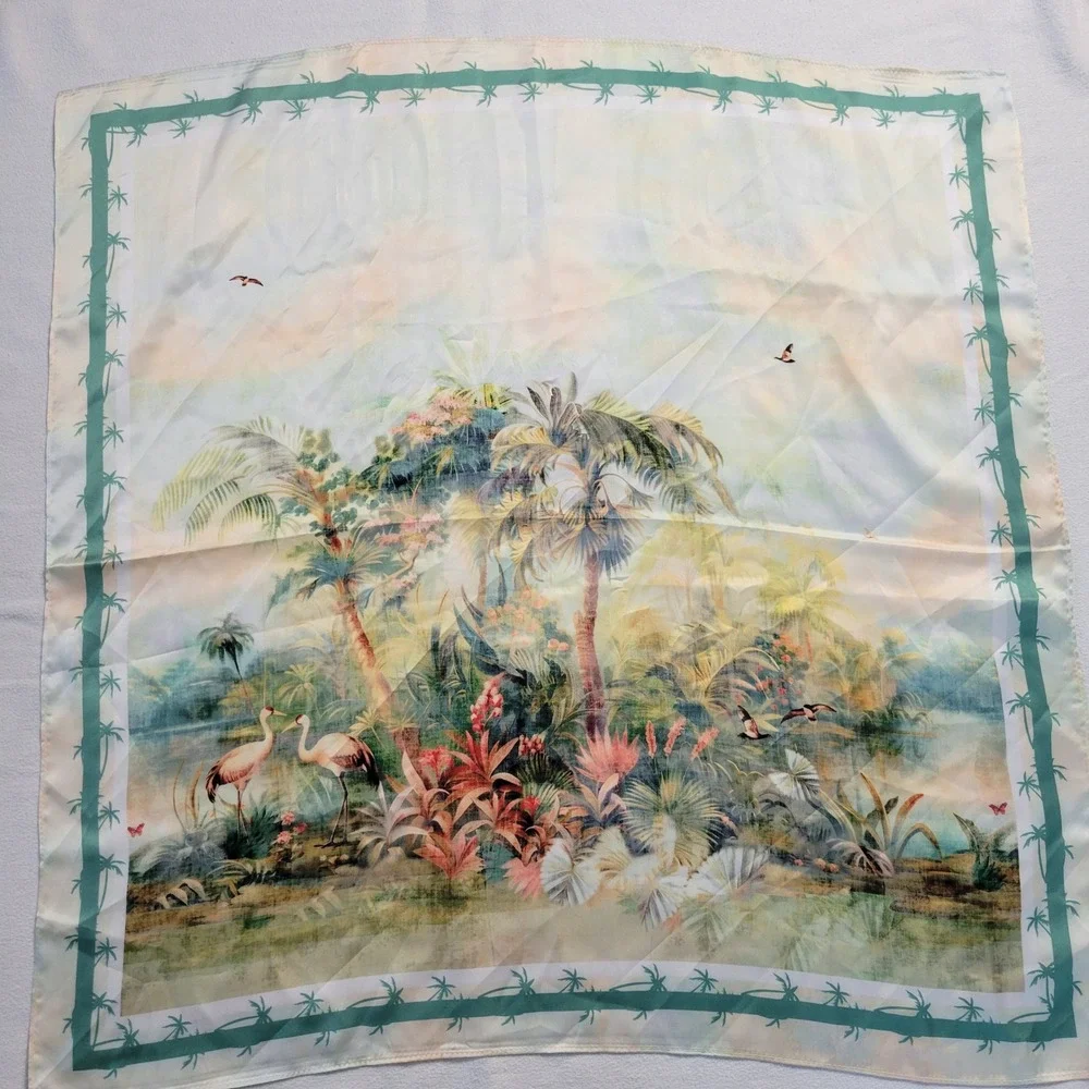 Tropical Jungle Crane Bird Square Scarf Satin  28x28 NWOT